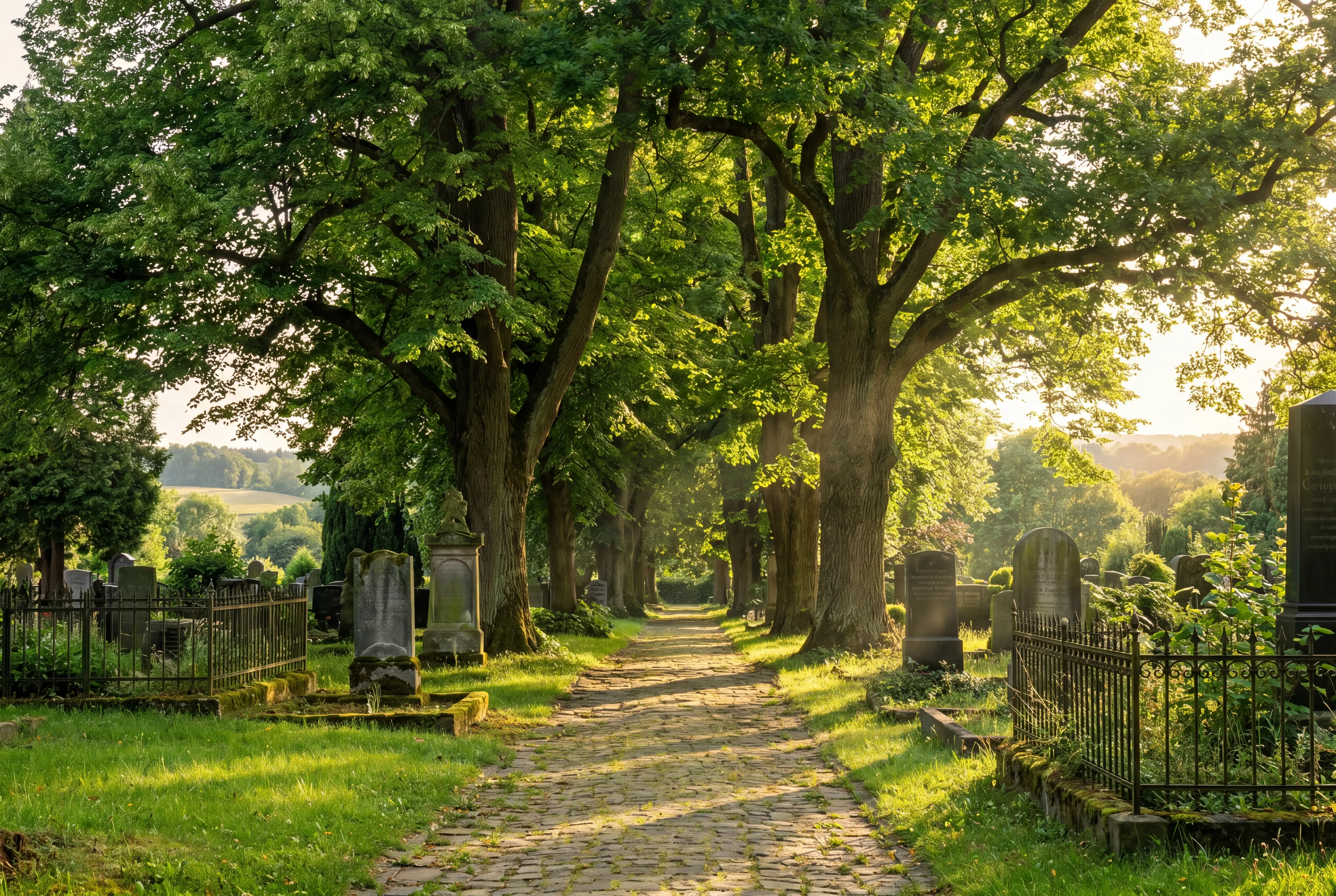 Ruhiger, gepflegter Friedhof im weichen Licht