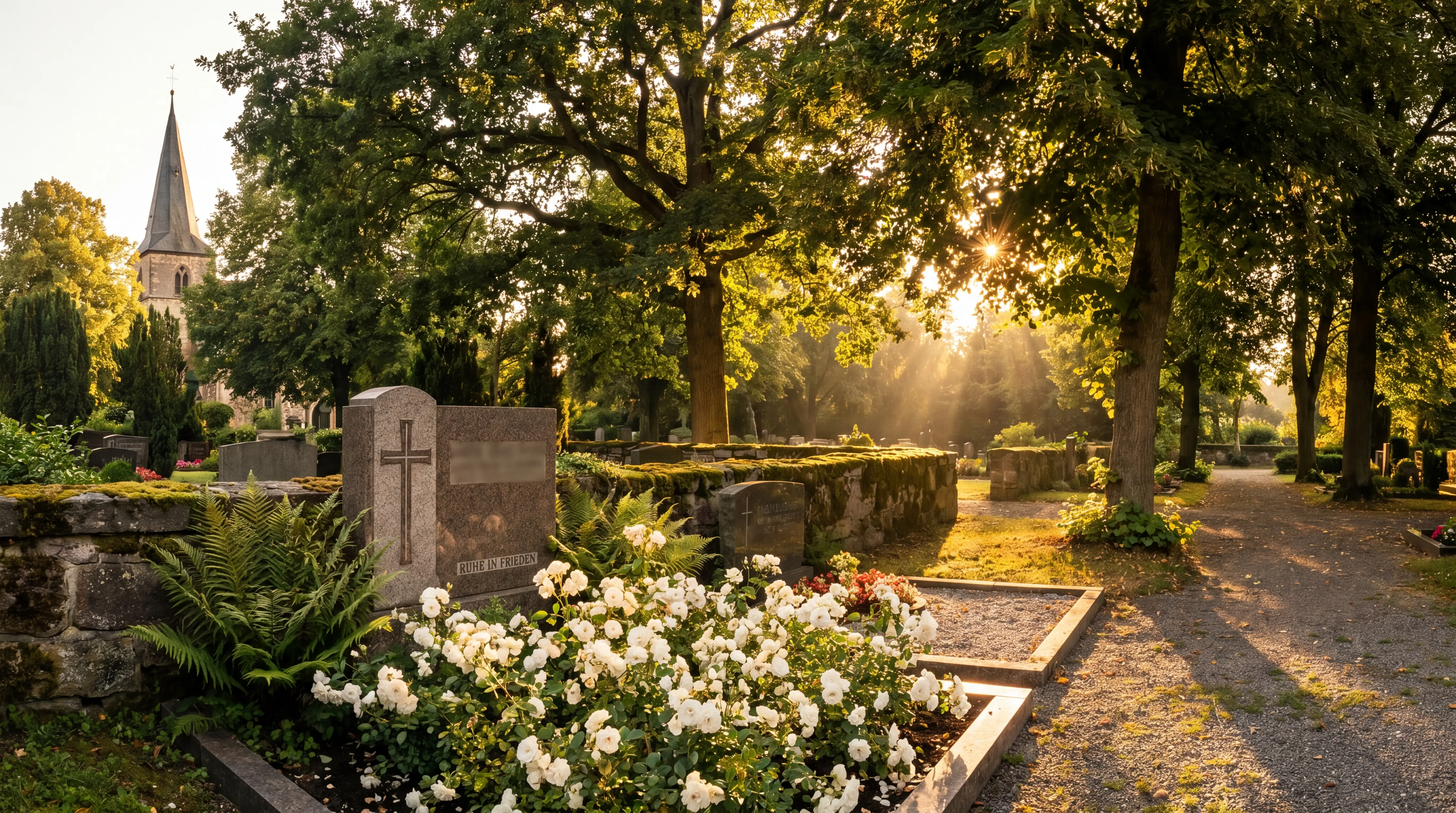 Stiller Friedhof mit gepflegten Gräbern