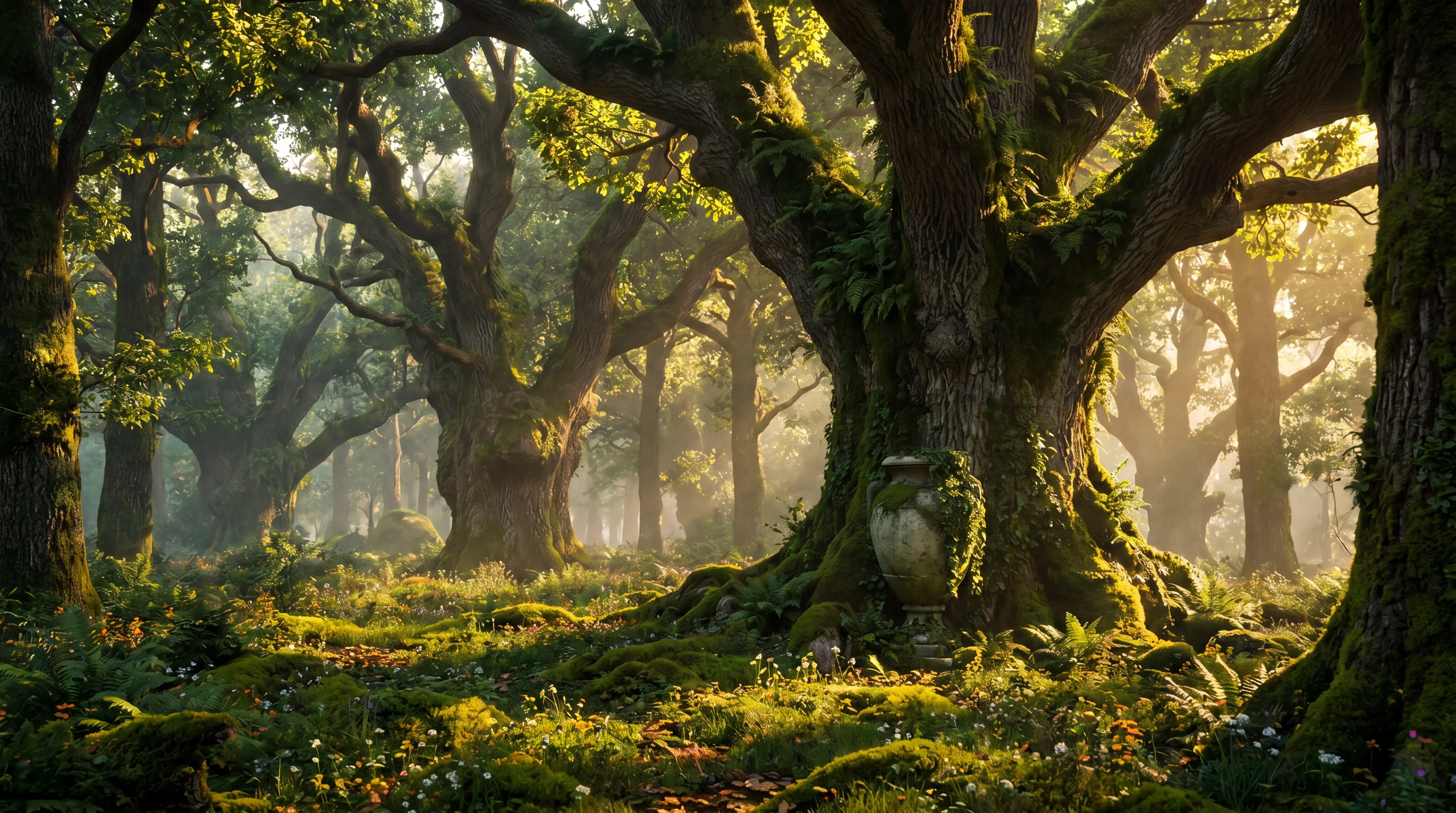 Sonnendurchfluteter Wald mit hohen Bäumen