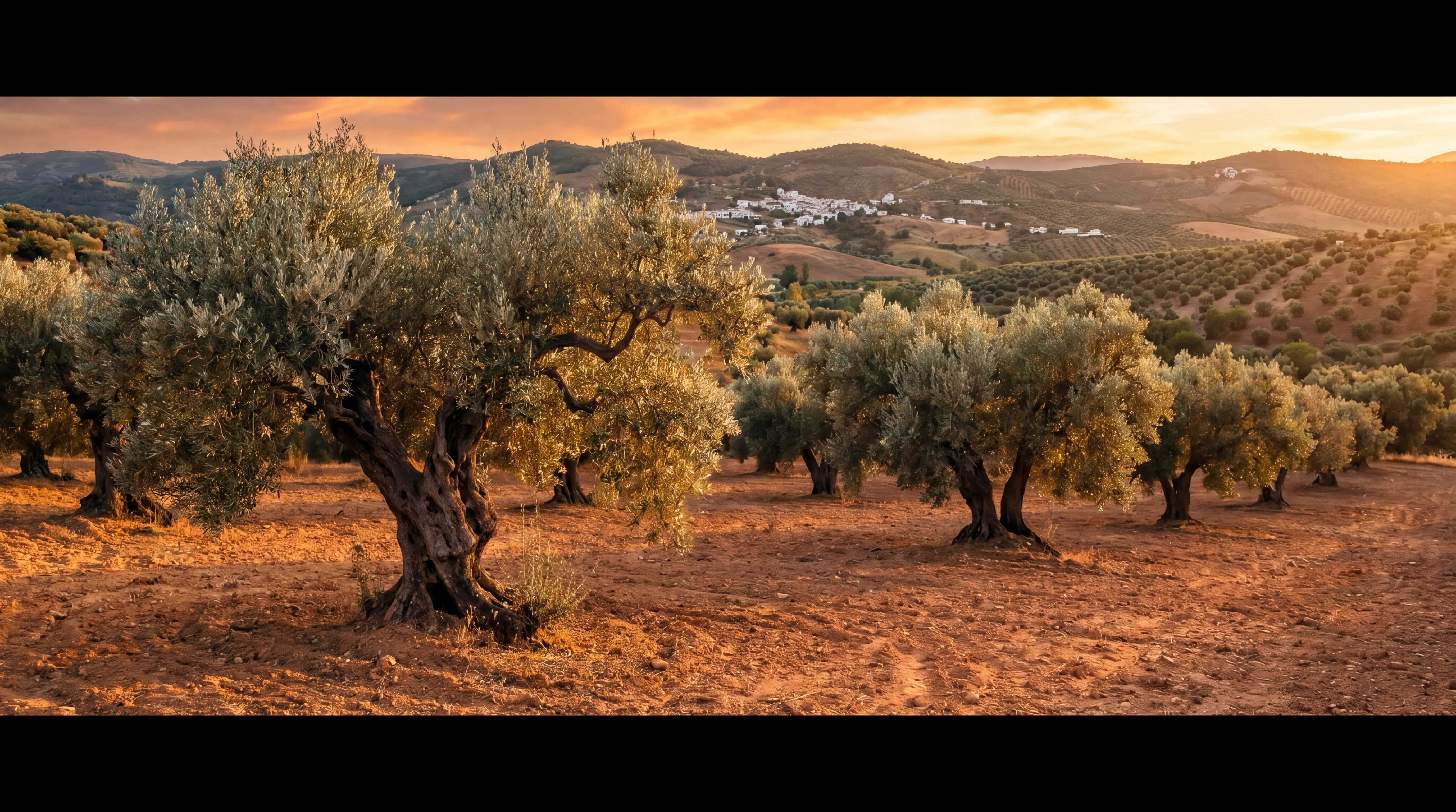 Alte Olivenbäume in einem spanischen Olivenhain im Abendlicht